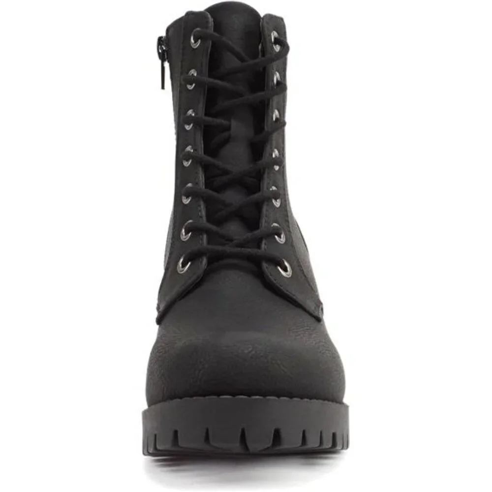 Women Black Winter Lug Sole‎ Chunky Heel Combat Ankle Boot Lace up w/Side Zipper